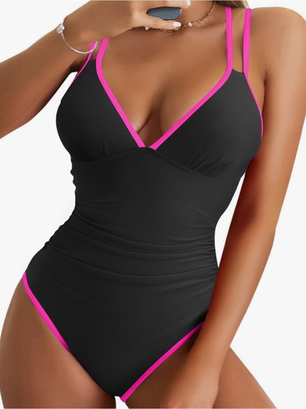 B2PRITY Black One-Piece Swimsuit with Hot Pink Trim